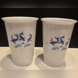 Pair of Chinese Blue & White Porcelain 12 Oz Tumblets Handpainted Koi Fish Motif